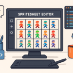 Illustration of a spritesheet editing tool showing sprite frames on a computer screen with design elements around it.