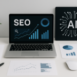 Illustration of a workspace with a laptop showing SEO data, charts, and AI tools for WordPress SEO in 2026.