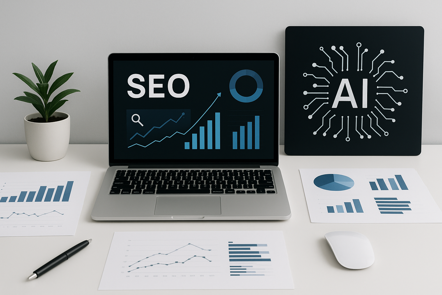 Illustration of a workspace with a laptop showing SEO data, charts, and AI tools for WordPress SEO in 2026.