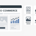 Illustration of an e-commerce SEO dashboard showing schema, sitemaps, product images, and analytics icons.