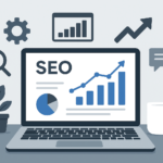 Modern workspace with laptop, SEO icons, and growth charts illustrating SEO tools for 2026 at SkooledUp.com