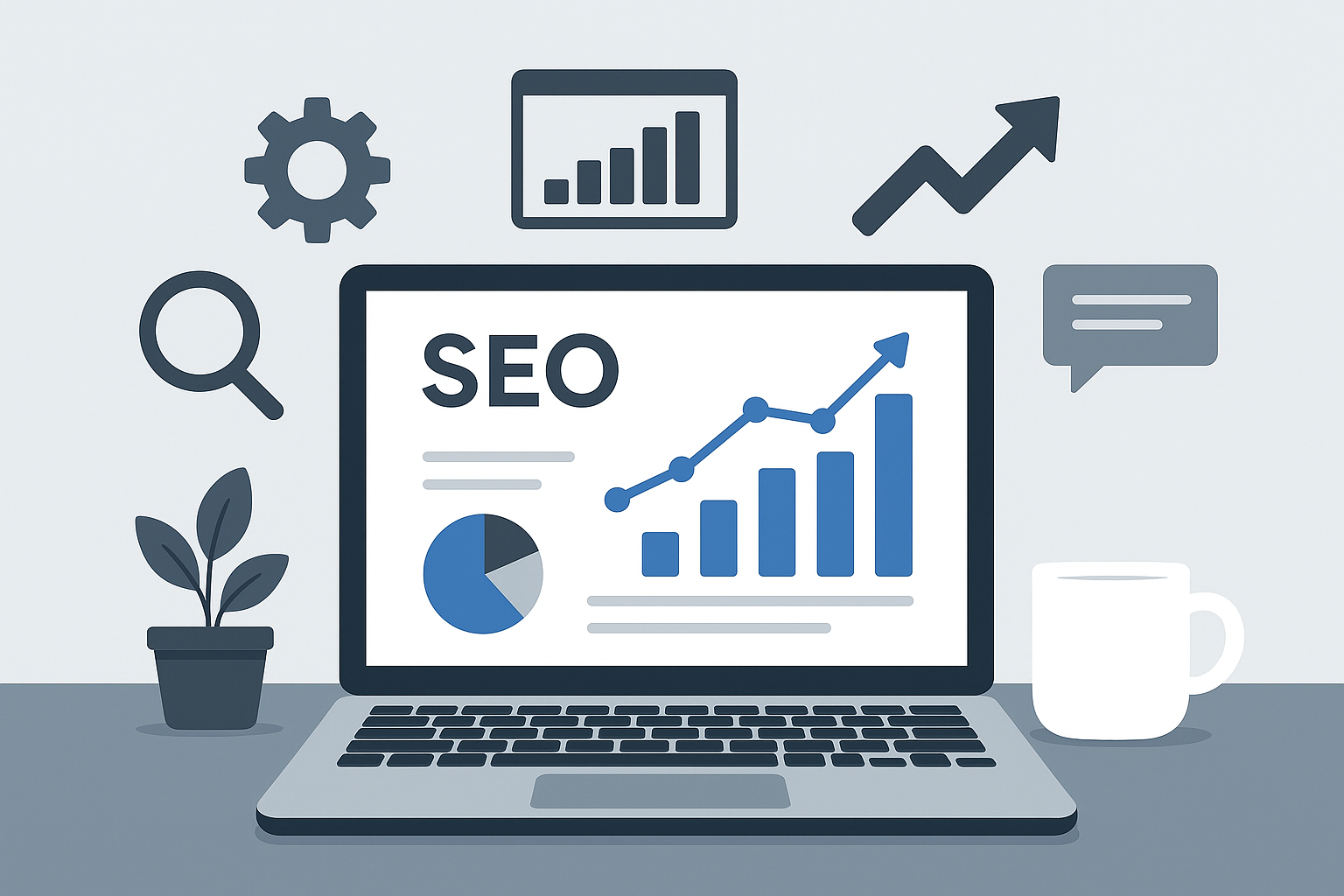 Modern workspace with laptop, SEO icons, and growth charts illustrating SEO tools for 2026 at SkooledUp.com