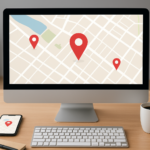 A workspace with a computer displaying a map with nearby location pins and a smartphone, representing local search for sprite sheets.