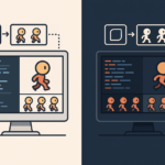 Иллюстрация разработки спрайт-листа с кодом и графическими кадрами на экране компьютера.