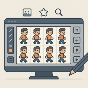 An illustration of a computer screen with sprite sheet design tools and animated frames, representing sprite sheet creation.