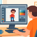 A person designing pixel sprites on a computer with sprite editing software and pixel art tools.