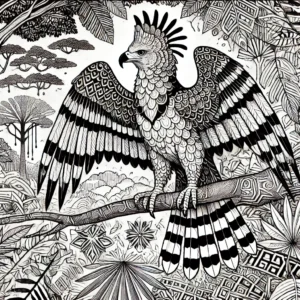 A detailed coloring page of a majestic harpy eagle, designed for kids to color and learn about this impressive bird of prey. Created by SKP using AI technology.