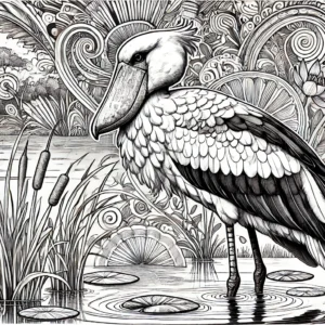 A black and white AI-generated coloring page of a shoebill stork, featuring detailed line art for coloring fun at SKP.