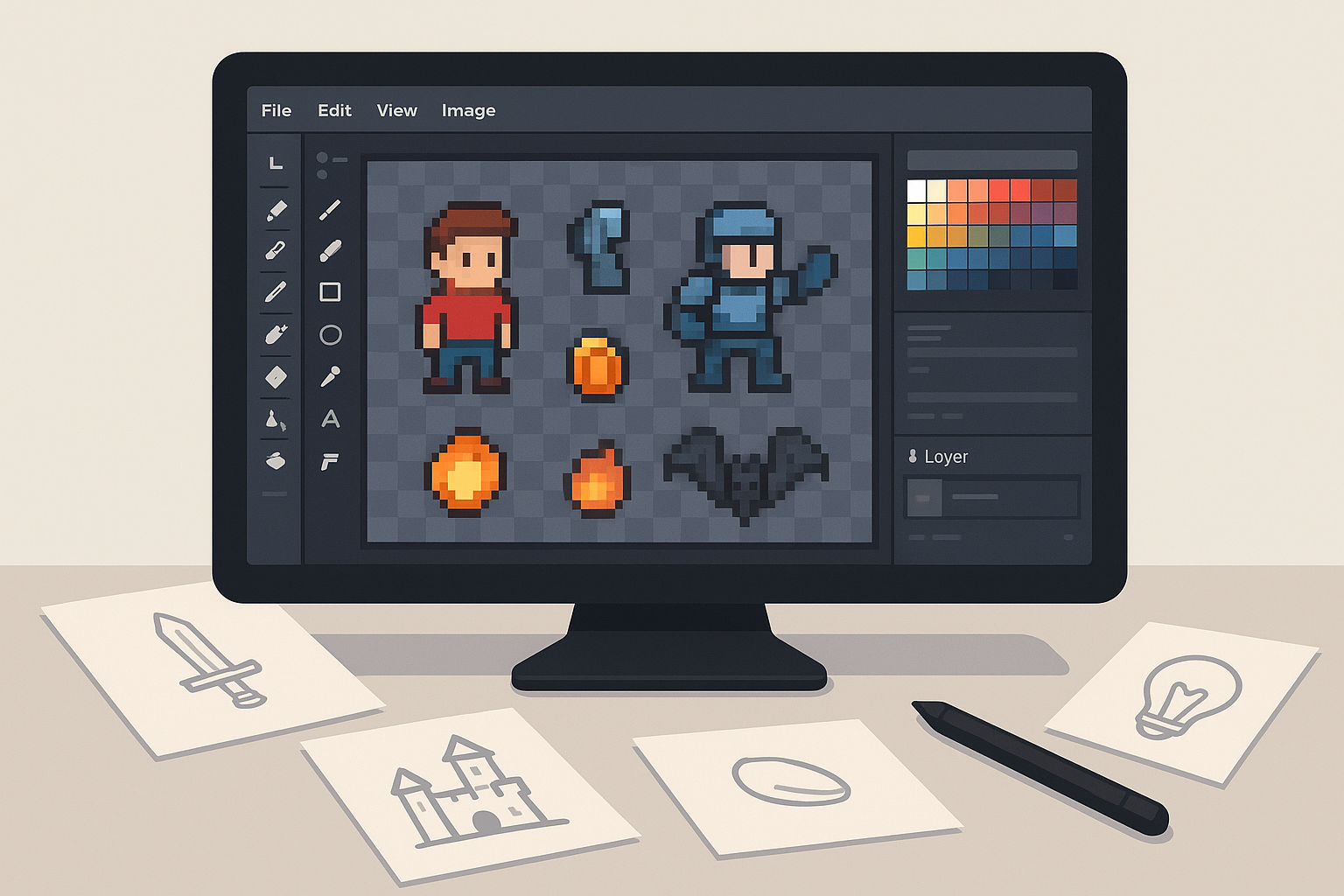 A digital artist's workspace with sprite editing tools and pixel art sprites on screen, representing game development in 2026.