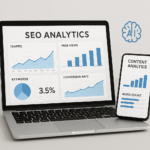Illustration of a laptop and smartphone showing SEO analytics and content insights for website optimization.