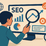 Illustration of a person reviewing SEO data and graphs to improve website strategy.