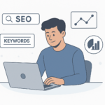 Person working on SEO optimization with search icons and analytics visuals around a laptop, representing website SEO strategies for 2026.
