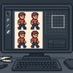 A pixel art workspace showing sprite sheets, editing tools, and a pixel grid for sprite cutting in a modern illustration style.