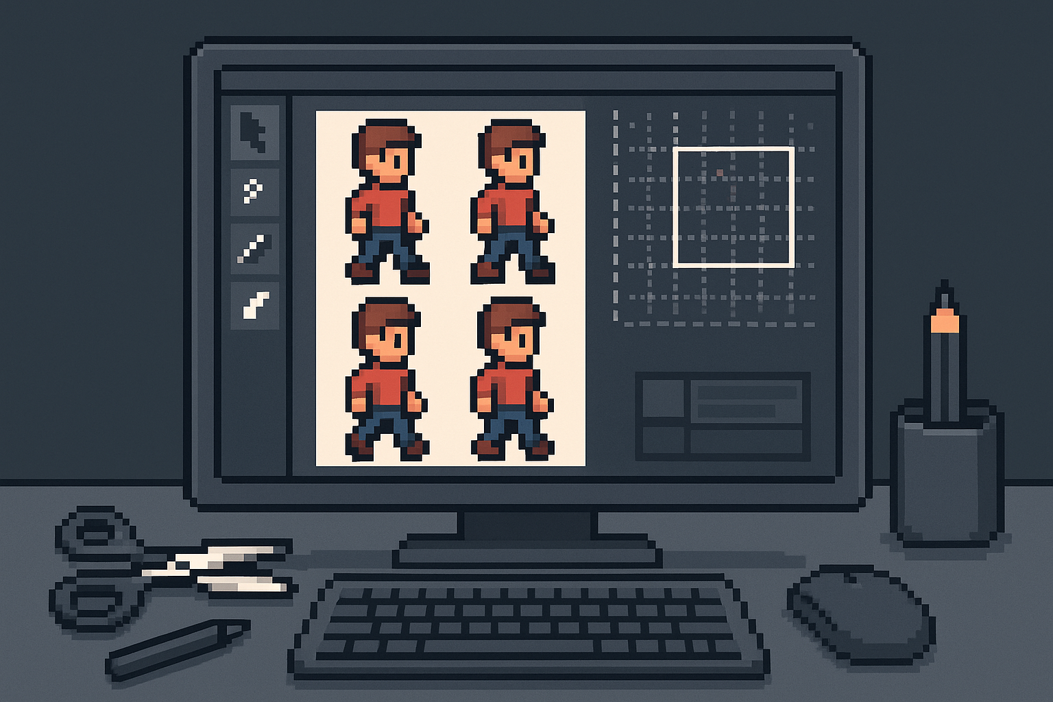 A pixel art workspace showing sprite sheets, editing tools, and a pixel grid for sprite cutting in a modern illustration style.