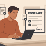 Small business owner creating a professional contract digitally on a laptop, with icons representing documents and signatures.