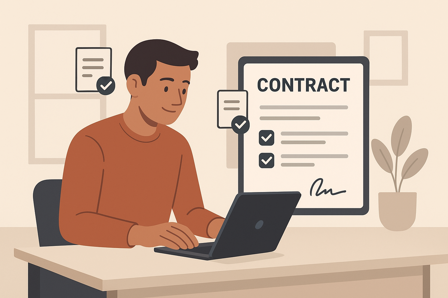 Small business owner creating a professional contract digitally on a laptop, with icons representing documents and signatures.