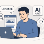 Illustration of a person working on website SEO with AI and backup icons, symbolizing Yoast SEO 2026 update process.