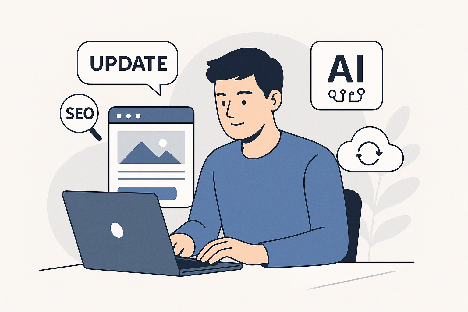 Illustration of a person working on website SEO with AI and backup icons, symbolizing Yoast SEO 2026 update process.