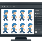 Digital sprite sheet being sliced into individual sprites using software, showing editing tools and layered images.