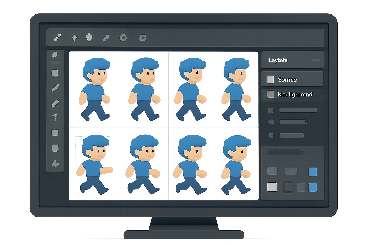Digital sprite sheet being sliced into individual sprites using software, showing editing tools and layered images.