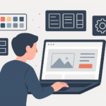 Person customizing a website on a laptop with design tools and elements around them, representing WordPress theme customization.