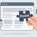A person installing a plugin into a website interface, surrounded by icons for features like security and SEO.