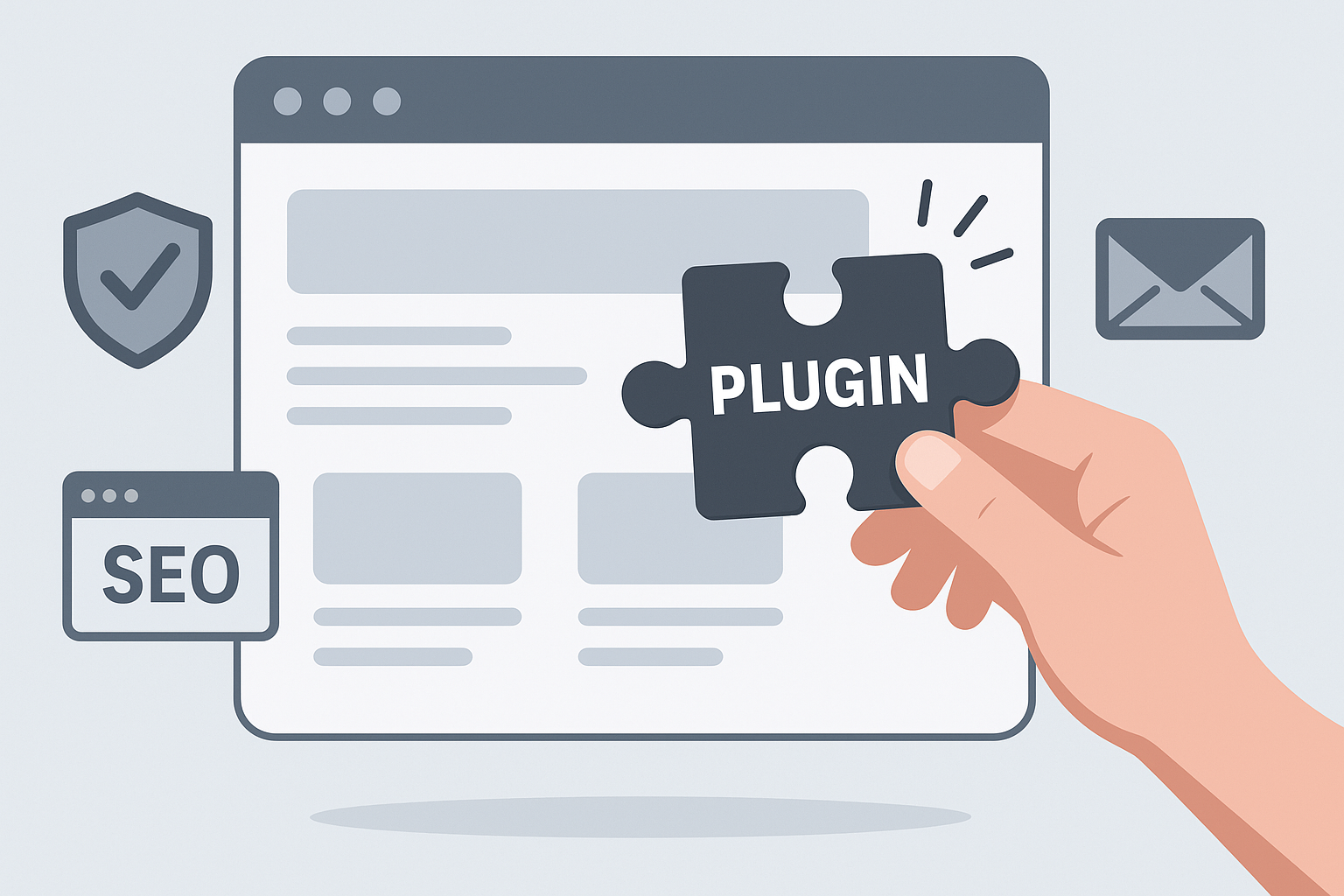 A person installing a plugin into a website interface, surrounded by icons for features like security and SEO.