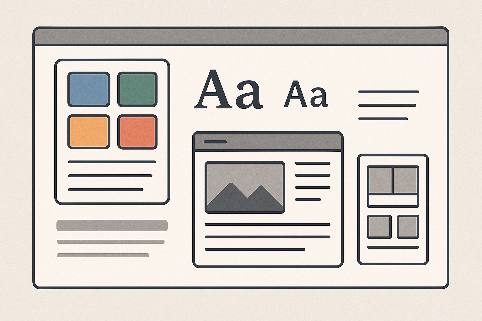 A website layout with customizable design elements like colors, fonts, and templates, illustrating WordPress themes.