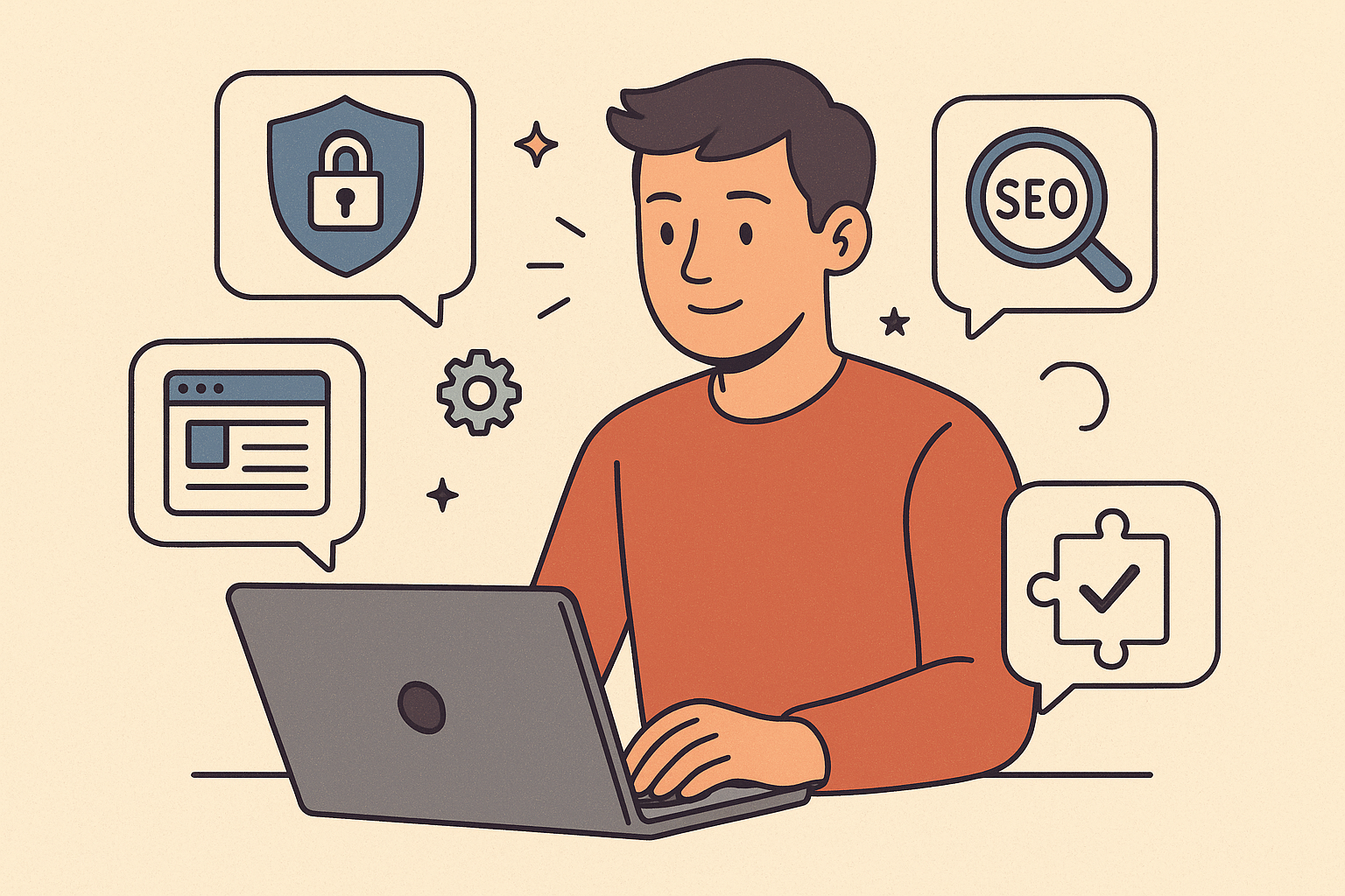 Person working on a laptop with icons representing website features, illustrating plugin installation and activation process.