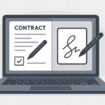 A digital contract being edited and signed on a laptop screen, representing online contract creation and e-signature tools.