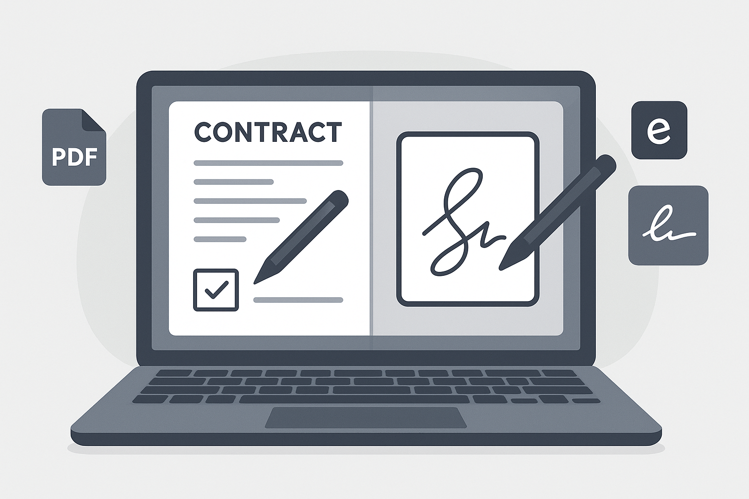 A digital contract being edited and signed on a laptop screen, representing online contract creation and e-signature tools.