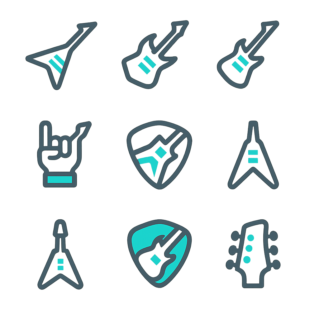 A collection of guitar-themed favicons displayed on a sheet, designed for easy web icon customization by Skooledup.com