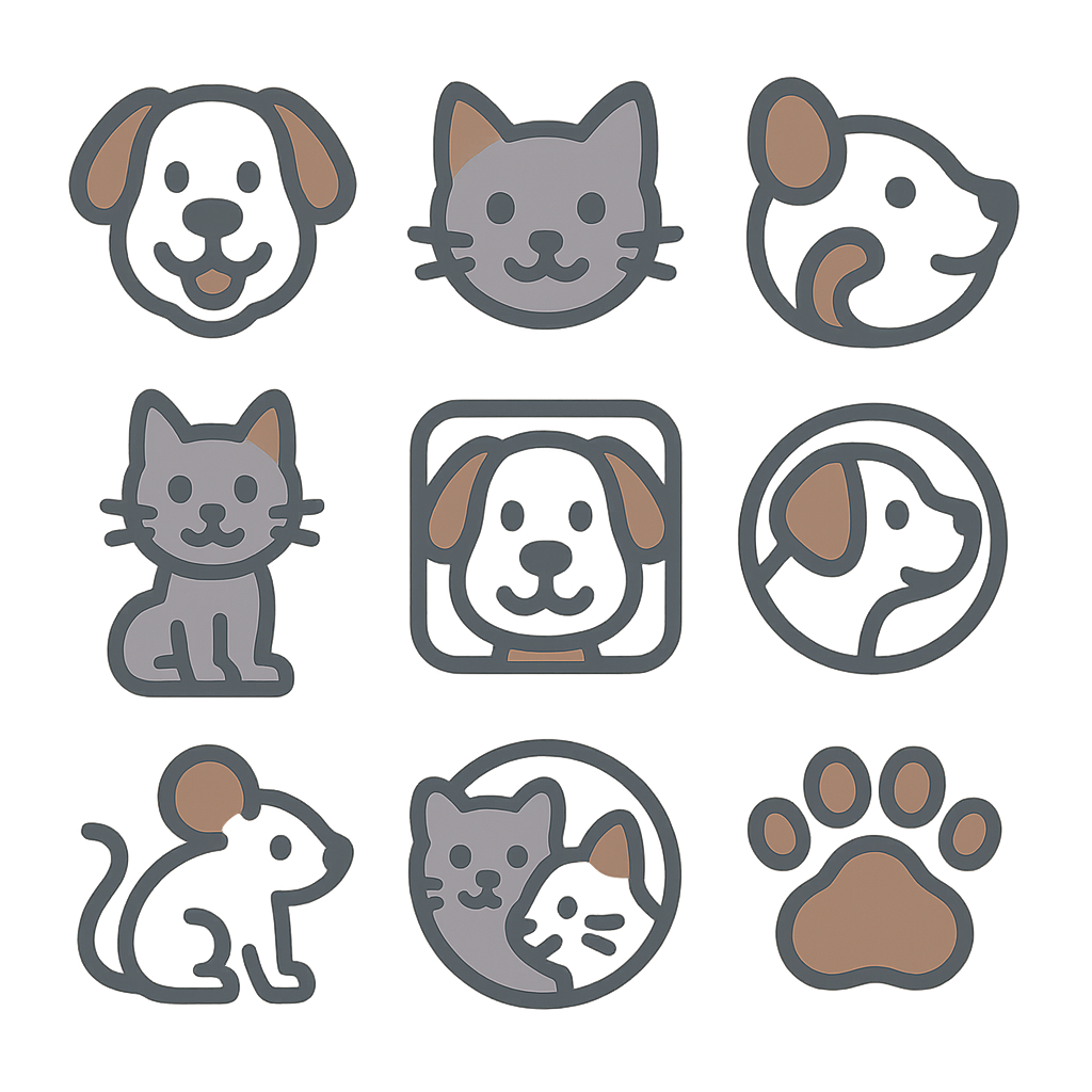A comprehensive sheet of pet-themed favicons featuring various animals like cats, dogs, and birds for Skooledup.com.